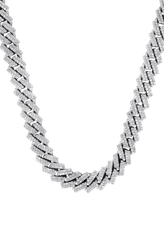 Prong Set Silver Diamond Cuban Chain