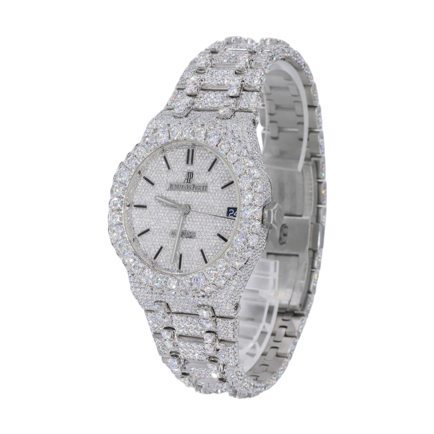 AP STAINLESS STEEL 41MM MOISSANITE DIAMOND WATCH 25CT STUDDED BAND