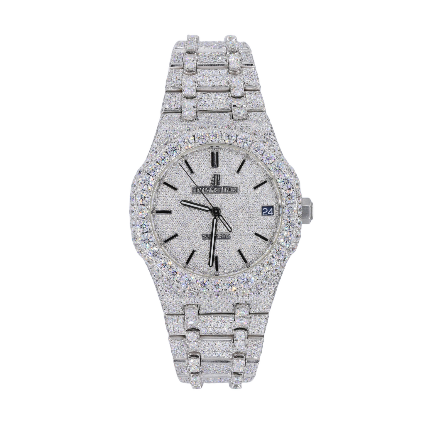 AP STAINLESS STEEL 41MM MOISSANITE DIAMOND WATCH 25CT STUDDED BAND