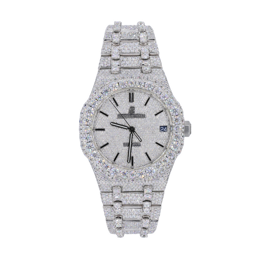 AP STAINLESS STEEL 41MM MOISSANITE DIAMOND WATCH 25CT STUDDED BAND