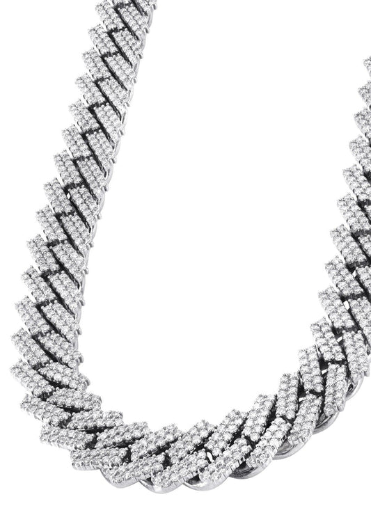 Prong Set Silver Diamond Cuban Chain