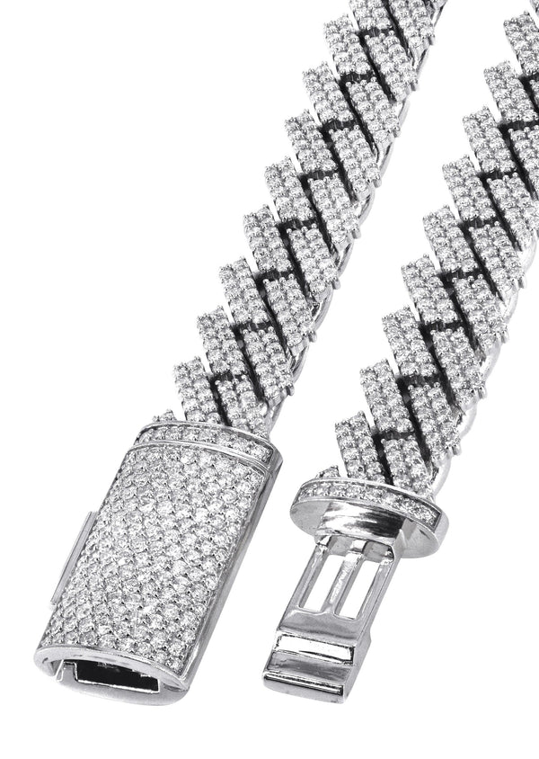 Prong Set Silver Diamond Cuban Chain